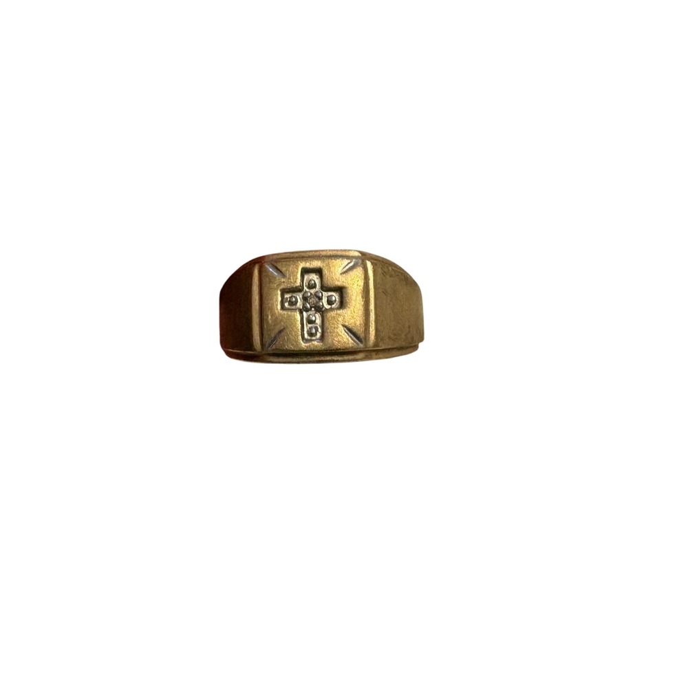Vintage 10K Yellow Gold Cross Signet Ring with Accent Stones Religious Jewelry